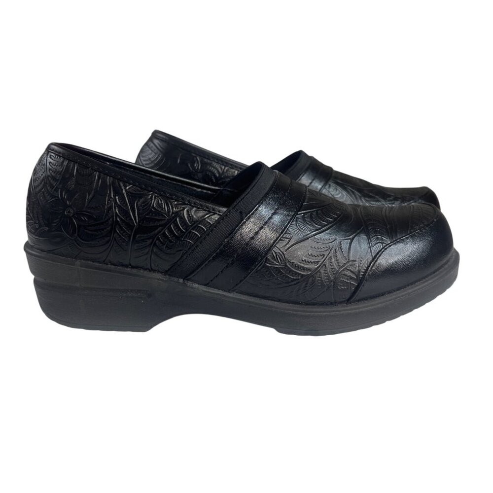 Easy Street Slip On Clogs Womens Size 10 Black Embossed Leather